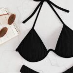 Plain Textured Halter Push Up High Cut Bikini Swimsuit1