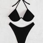 Plain Textured Halter Push Up High Cut Bikini Swimsuit1