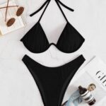 Plain Textured Halter Push Up High Cut Bikini Swimsuit1