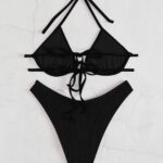 Plain Textured Halter Push Up High Cut Bikini Swimsuit1