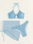 3pack Plain Ring Linked Halter Bikini Swimsuit & Beach Skirt3