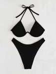 Plain Textured Halter Push Up High Cut Bikini Swimsuit1