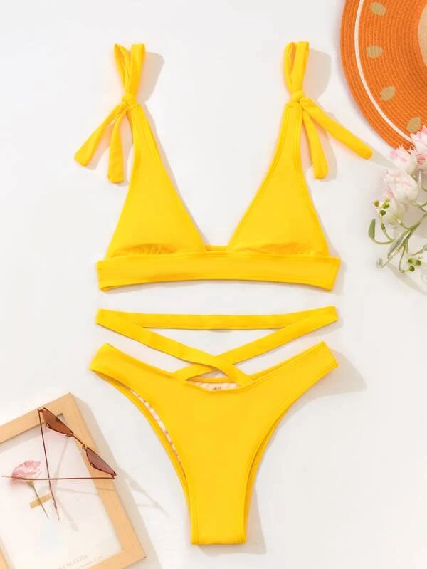 Tie Shoulder Crisscross Bikini Swimsuit2