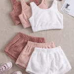 3pcs Solid Flannel Tank Top & 3pcs Lounge Shorts