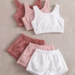 3pcs Solid Flannel Tank Top & 3pcs Lounge Shorts