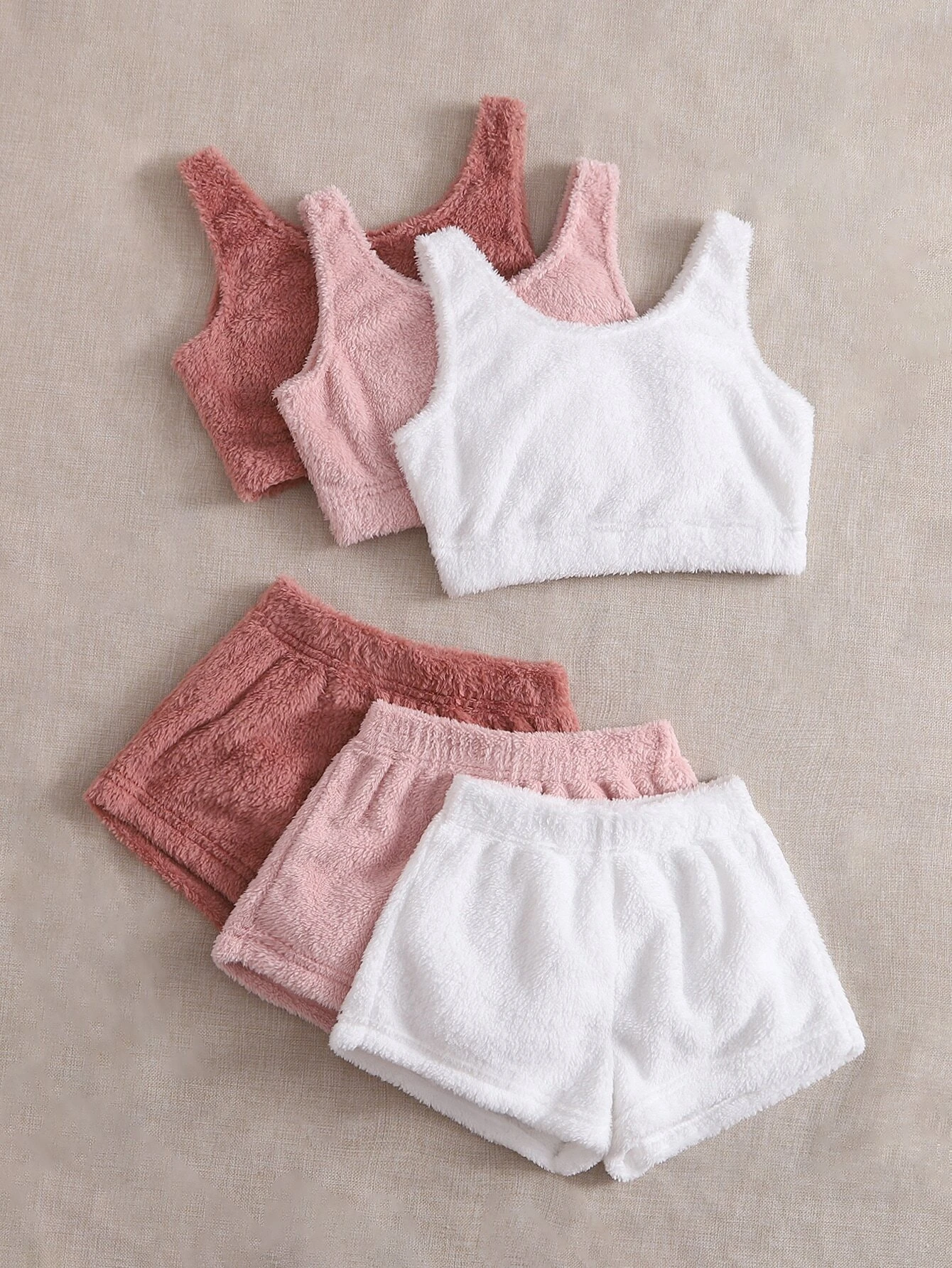 3pcs Solid Flannel Tank Top & 3pcs Lounge Shorts2