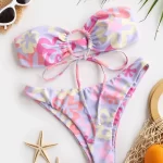 Floral Print Tie Front Bandeau Bikini Swimsuit