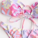 Floral Print Tie Front Bandeau Bikini Swimsuit