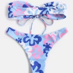 Floral Print Tie Front Bandeau Bikini Swimsuit