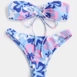 Floral Print Tie Front Bandeau Bikini Swimsuit