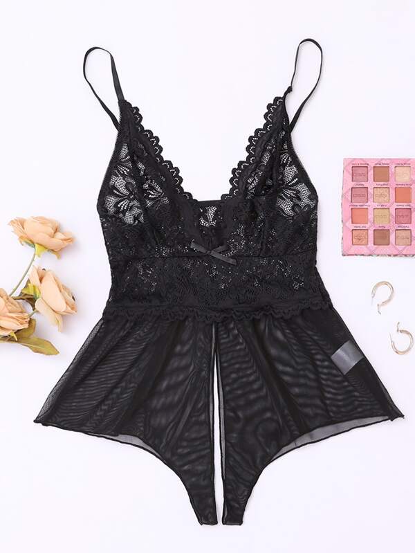 Contrast Floral Lace Crotchless Romper Bodysuit