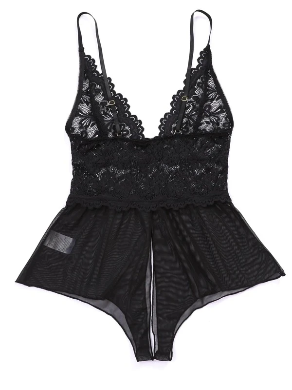 Contrast Floral Lace Crotchless Romper Bodysuit1