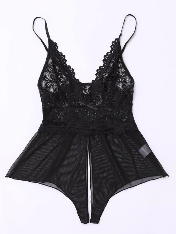 Contrast Floral Lace Crotchless Romper Bodysuit2