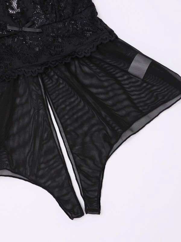 Contrast Floral Lace Crotchless Romper Bodysuit3